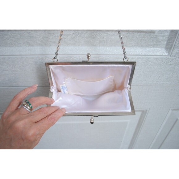 Vintage Evening Bag Women's Champagne Silver Beaded Floral Lotus Chain 1960's - Picture 4 of 5